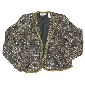 First Issue Liz Claiborne Y2K Tweed Open Front Blazer Olive Velvet Ruffle M